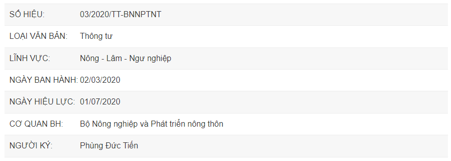 Thông tư số 03/2020/TT-BNNPTNT ngày 02/3/2020 của Bộ Nông nghiệp và Phát triển nông thôn