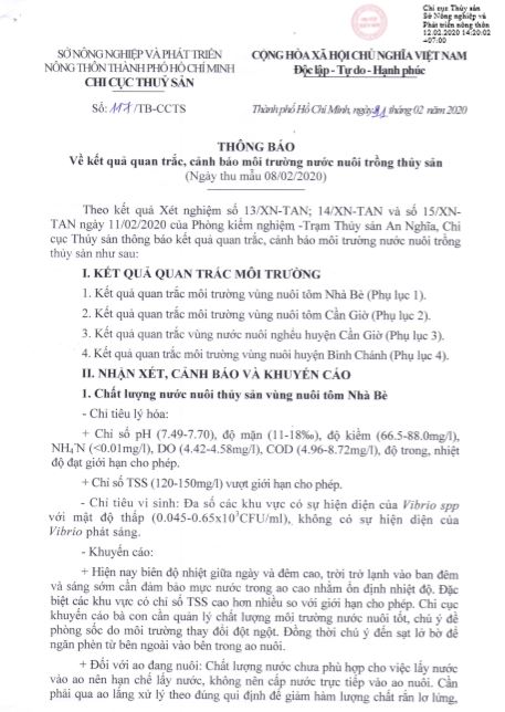 Về kết quả quan trắc, cảnh báo môi trường nước nuôi trồng thủy sản  (Ngày thu mẫu 08/02/2020)