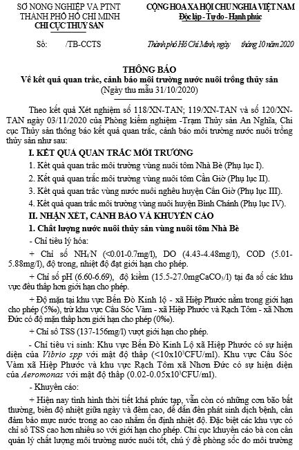 Về kết quả quan trắc, cảnh báo môi trường nước nuôi trồng thủy sản  (Ngày thu mẫu 31/10/2020)