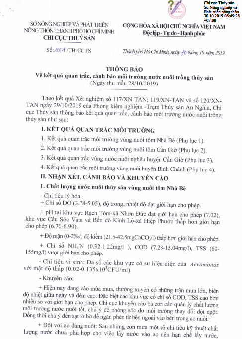 Thông  báo kết quả quan trắc, cảnh báo môi trường nước nuôi trồng thủy sản (Ngày thu mẫu 28/10/2019)