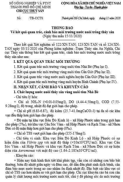 Kết quả quan trắc, cảnh báo môi trường nước nuôi trồng thủy sản  (Ngày thu mẫu 15/11/2020)