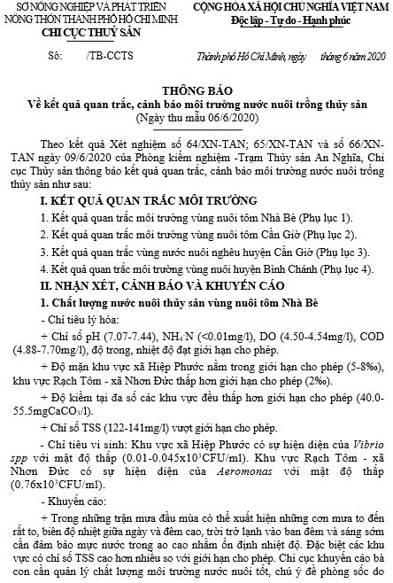 Về kết quả quan trắc, cảnh báo môi trường nước nuôi trồng thủy sản  (Ngày thu mẫu 21/6/2020)