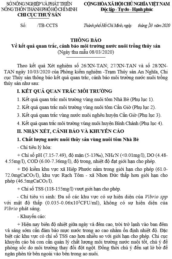 Kết quả quan trắc, cảnh báo môi trường nước nuôi trồng thủy sản  (Ngày thu mẫu 08/03/2020)