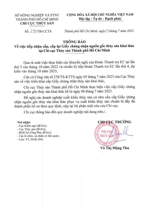 Thông báo tiếp nhận lại Giấy chứng nhận nguồn gốc thủy sản khai thác