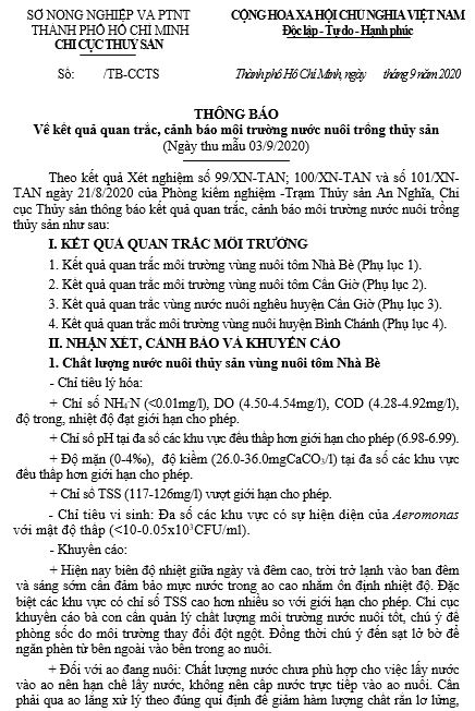 Về kết quả quan trắc, cảnh báo môi trường nước nuôi trồng thủy sản  (Ngày thu mẫu 03/9/2020)