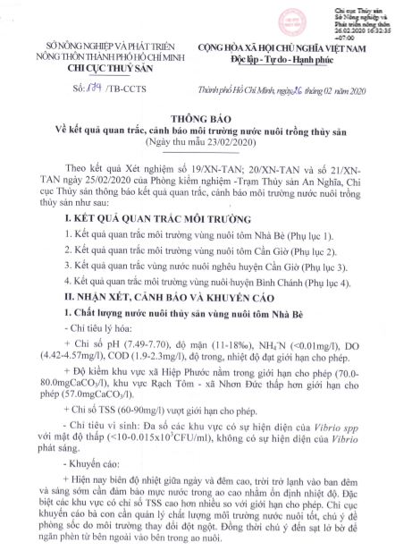 Về kết quả quan trắc, cảnh báo môi trường nước nuôi trồng thủy sản  (Ngày thu mẫu 23/02/2020)