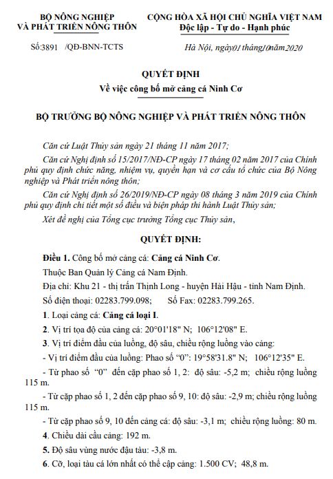Quyết định 3891/QĐ-BNN-TCTS (Về việc công bố  mở cảng cá Ninh Cơ)