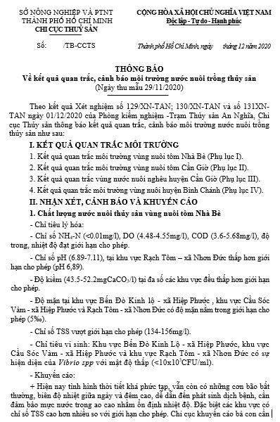 Thông báo Quan trắc, cảnh báo môi trường (ngày 29/11/2020)