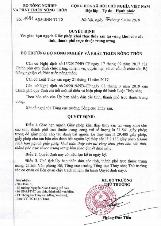 Giao hạn ngạch Giấy phép khai thác thủy sản tại vùng khơi cho các tỉnh, thành phố trực thuộc trung ương