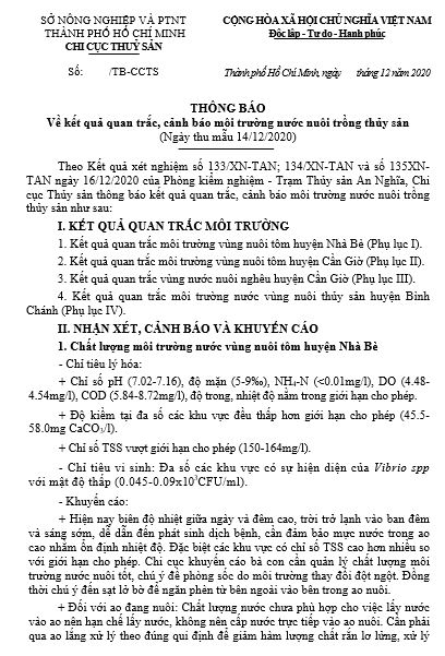 Thông báo Quan trắc, cảnh báo môi trường (ngày 14/12/2020)