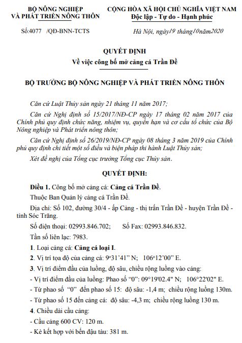 Quyết định 4077/QĐ-BNN-TCTS (Về việc công bố mở cảng cá Trần Đề)