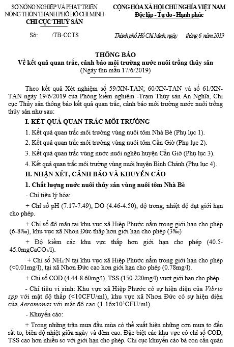 THÔNG BÁO Về kết quả quan trắc, cảnh báo môi trường nước nuôi trồng thủy sản  (Ngày thu mẫu 17/6/2019)
