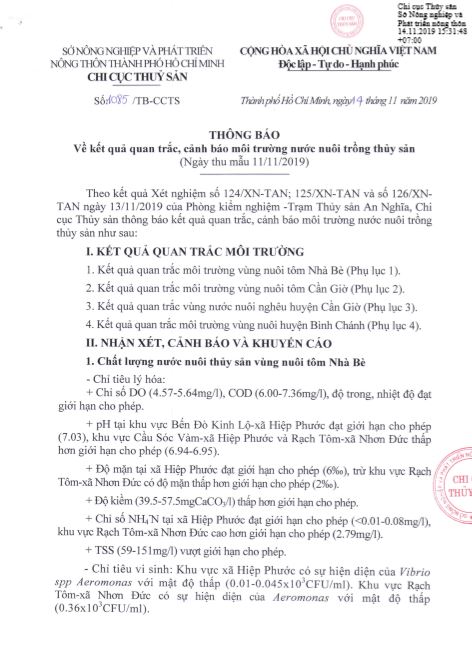 Thông báo kết quả quan trắc, cảnh báo môi trường nước nuôi trồng thủy sản (Ngày thu mẫu 11/11/2019)