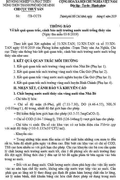 THÔNG BÁO Về kết quả quan trắc, cảnh báo môi trường nước nuôi trồng thủy sản  (Ngày thu mẫu 03/6/2019)