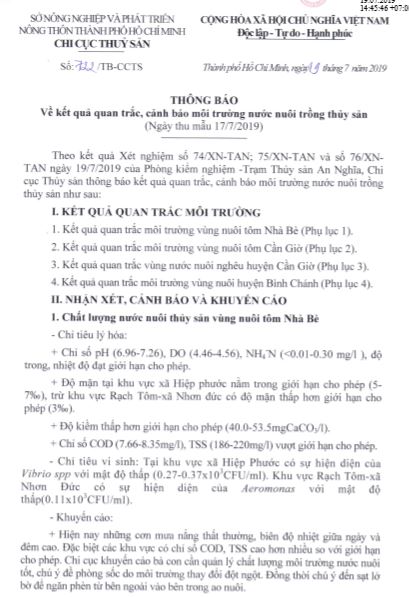 THÔNG BÁO Về kết quả quan trắc, cảnh báo môi trường nước nuôi trồng thủy sản  (Ngày thu mẫu 17/7/2019)
