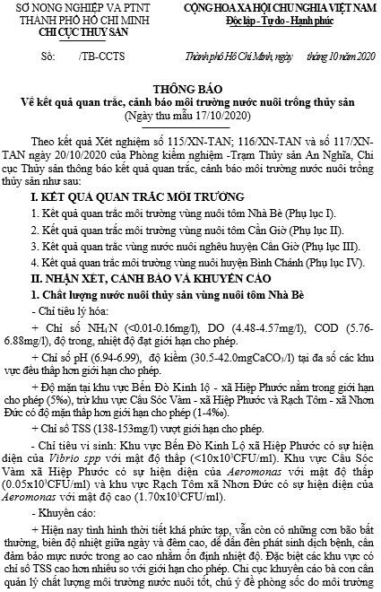 Về kết quả quan trắc, cảnh báo môi trường nước nuôi trồng thủy sản  (Ngày thu mẫu 17/10/2020)