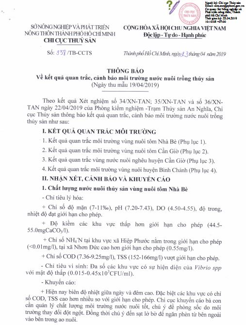 Thông báo Kết quả Quan trắc cảnh báo môi trường nước nuôi thủy sản (Ngày thu mẫu 19/4/2019)