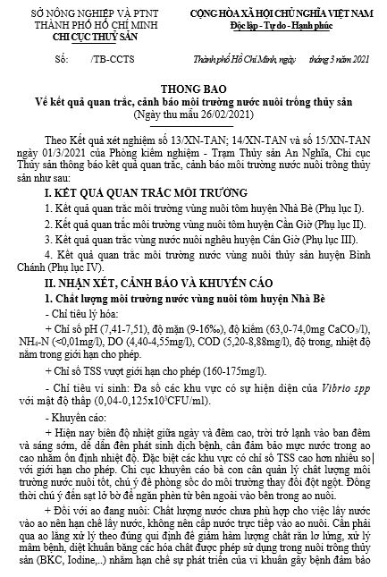 THÔNG BÁO Về kết quả quan trắc, cảnh báo môi trường nước nuôi trồng thủy sản  (Ngày thu mẫu 26/02/2021)