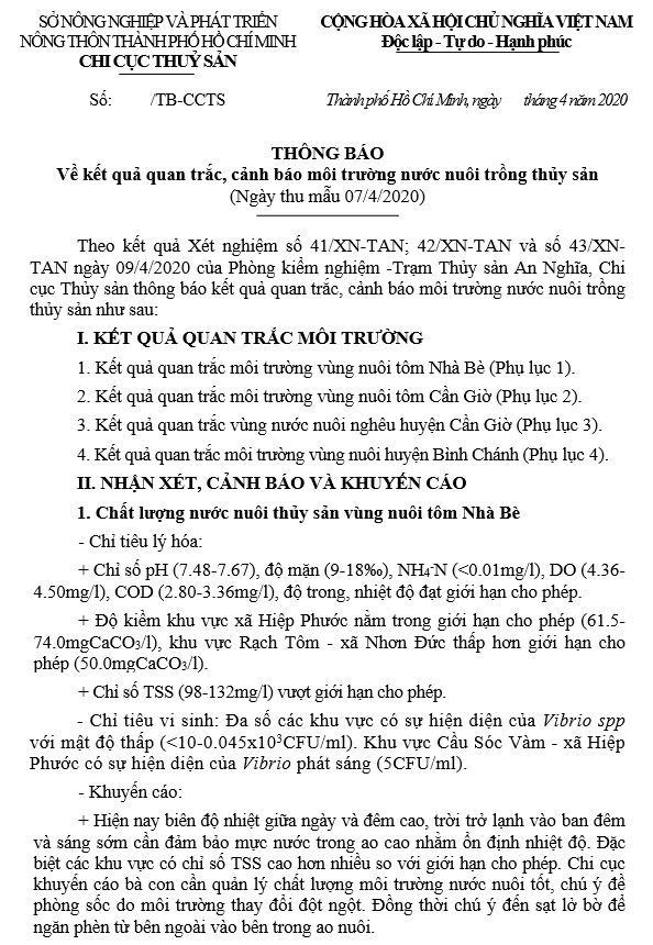 Về kết quả quan trắc, cảnh báo môi trường nước nuôi trồng thủy sản  (Ngày thu mẫu 07/4/2020)