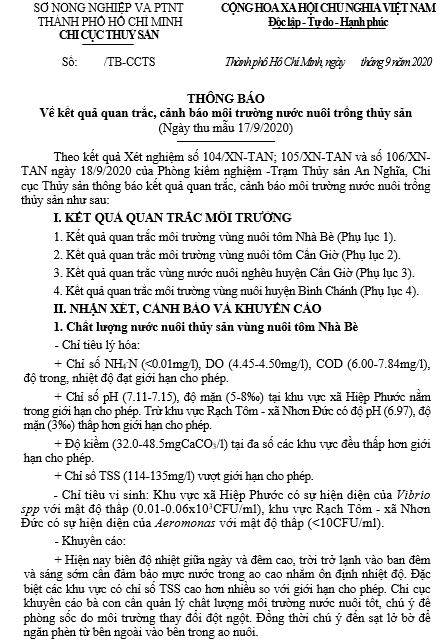 Về kết quả quan trắc, cảnh báo môi trường nước nuôi trồng thủy sản  (Ngày thu mẫu 17/9/2020)