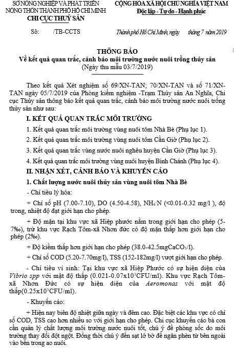 THÔNG BÁO Về kết quả quan trắc, cảnh báo môi trường nước nuôi trồng thủy sản  (Ngày thu mẫu 03/7/2019)