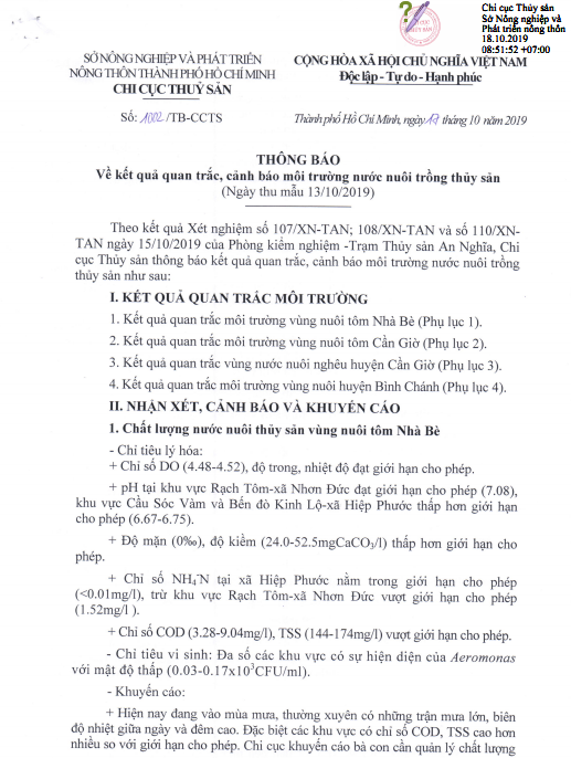 Về kết quả quan trắc, cảnh báo môi trường nước nuôi trồng thủy sản (Ngày thu mẫu 13/10/2019)
