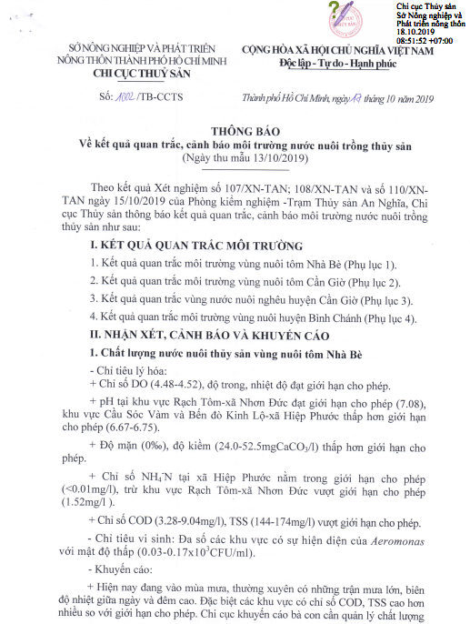 Về kết quả quan trắc, cảnh báo môi trường nước nuôi trồng thủy sản  (Ngày thu mẫu 13/10/2019)