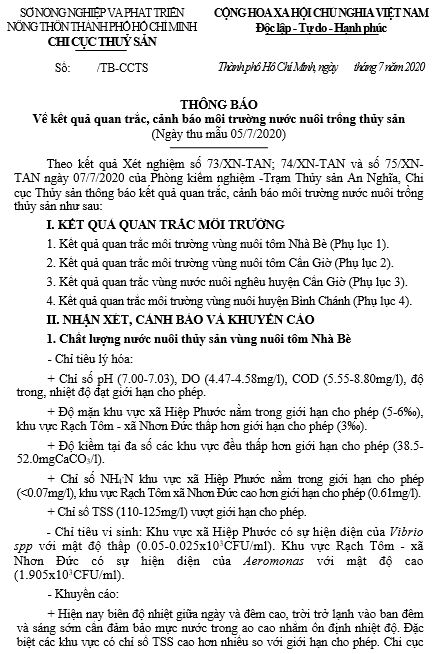 Về kết quả quan trắc, cảnh báo môi trường nước nuôi trồng thủy sản  (Ngày thu mẫu 05/7/2020)