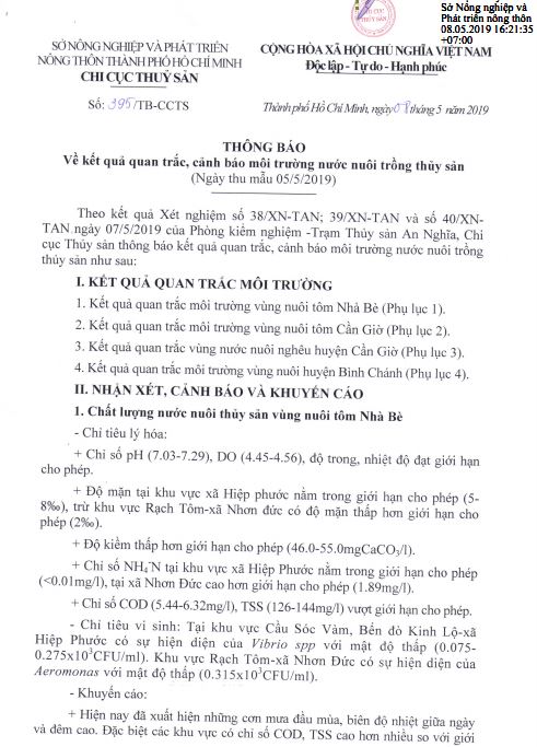 Thông báo Kết quả Quan trắc cảnh báo môi trường nước nuôi thủy sản (ngày thu mẫu 05/5/2019