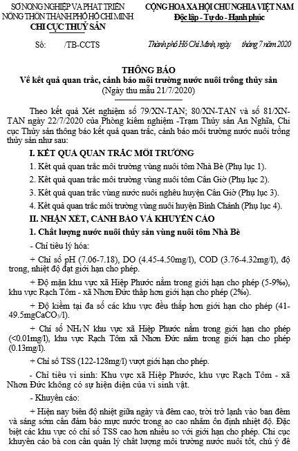 Về kết quả quan trắc, cảnh báo môi trường nước nuôi trồng thủy sản  (Ngày thu mẫu 21/7/2020)