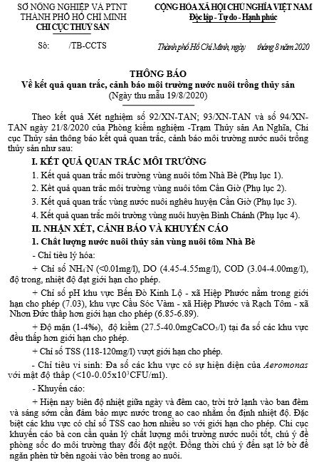 Về kết quả quan trắc, cảnh báo môi trường nước nuôi trồng thủy sản  (Ngày thu mẫu 19/8/2020)