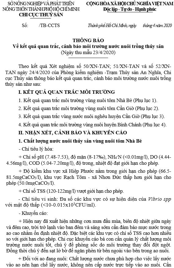 Về kết quả quan trắc, cảnh báo môi trường nước nuôi trồng thủy sản  (Ngày thu mẫu 23/4/2020)