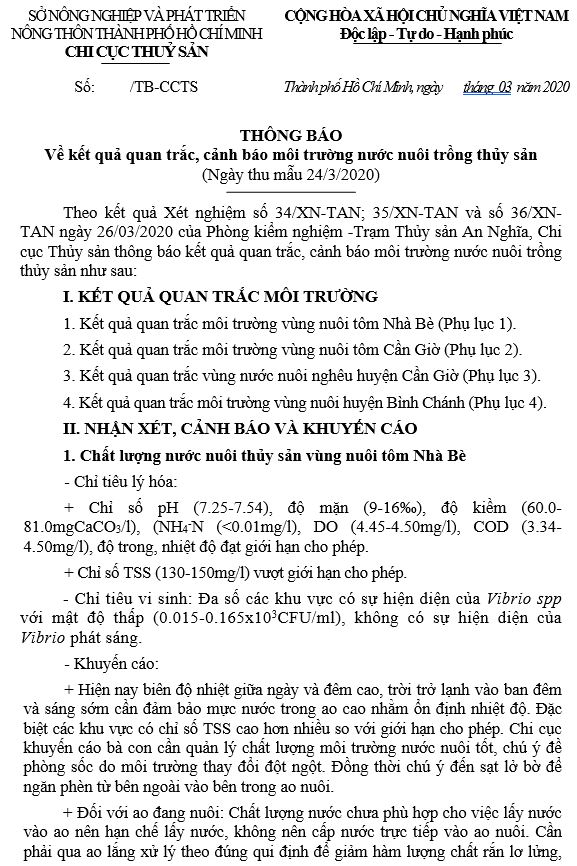 Về kết quả quan trắc, cảnh báo môi trường nước nuôi trồng thủy sản  (Ngày thu mẫu 24/3/2020)