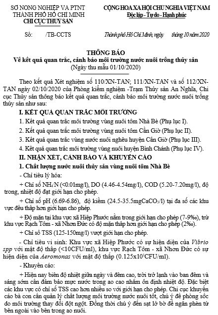 Về kết quả quan trắc, cảnh báo môi trường nước nuôi trồng thủy sản  (Ngày thu mẫu 01/10/2020)