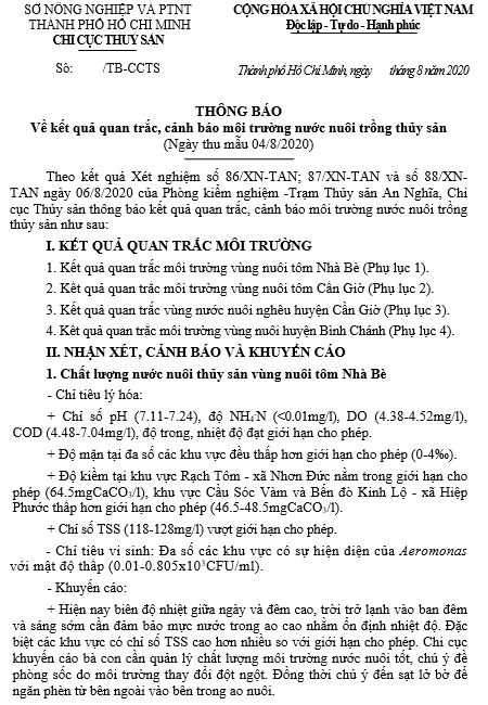 Về kết quả quan trắc, cảnh báo môi trường nước nuôi trồng thủy sản  (Ngày thu mẫu 04/8/2020)