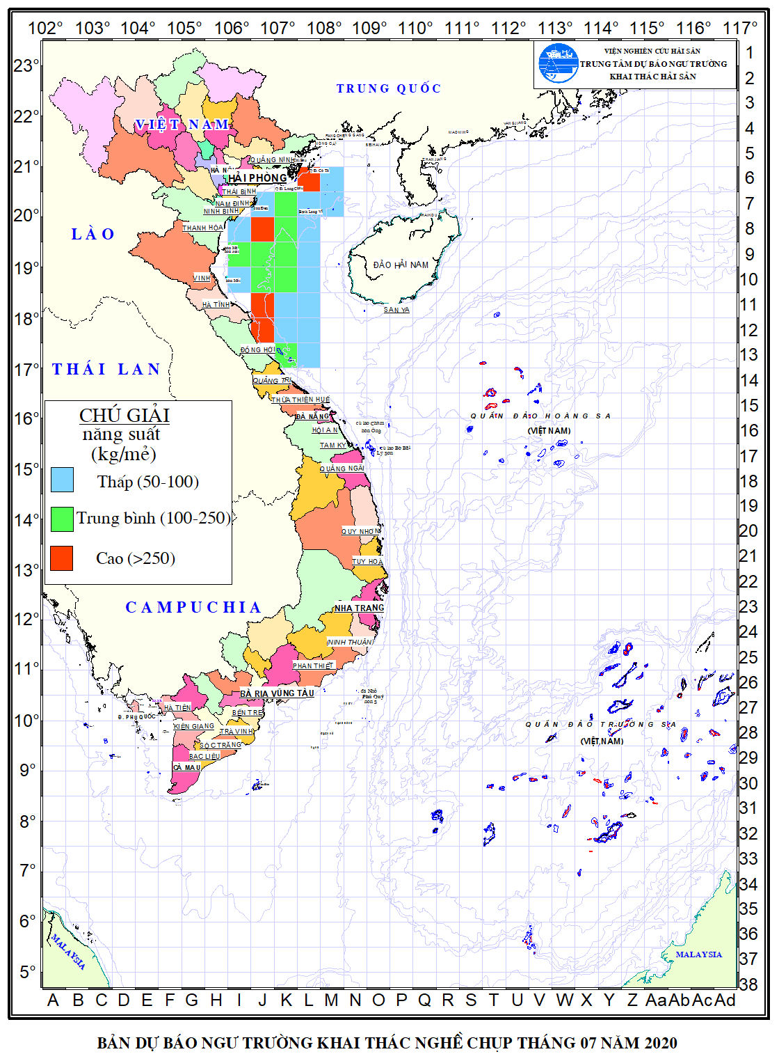 Dự báo ngư trường khai thác nghề chụp mực (Hạn tháng, tháng 7/2020) (01-07-2020)  