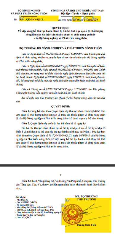 Quyết định số 970/QĐ-BNN-QLCL ngày 08/3/2021 v/v công bố thủ tục hành chính bị bãi bỏ lĩnh vực quản lý chất lượng nông lâm sản và thủy sản