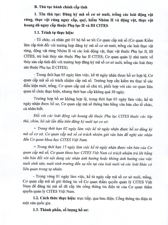 11. Thủ tục Đăng ký mã số cơ sở nuôi, trồng các loài động vật rừng, thực vật rừng nguy cấp, quý, hiếm Nhóm II và động vật, thực vật hoang dã nguy cấp thuộc Phụ lục II và III CITES