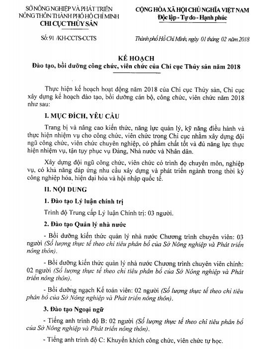 KẾ HOẠC ĐÀO TẠO CÁN BỘ CÔNG CHỨC, VIÊN CHỨC CỦA CHI CỤC THỦY SẢN NĂM 2018