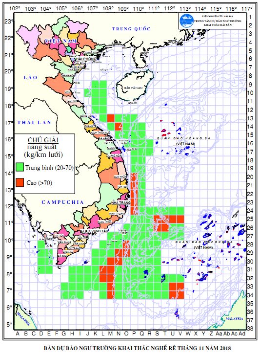 Dự báo ngư trường khai thác nghề rê (Hạn tháng, tháng 11/2018) (01-11-2018)