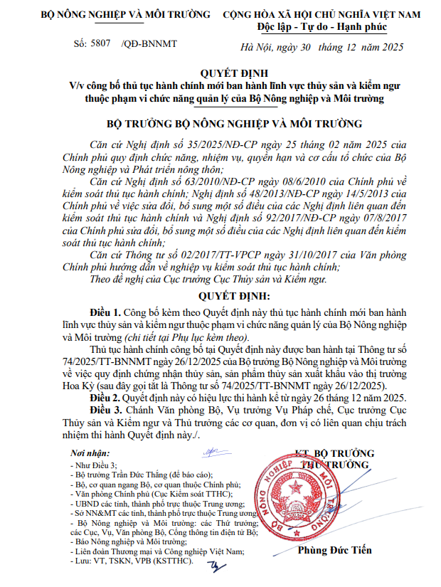 QUYẾT ĐỊNH V/v công bố thủ tục hành chính mới ban hành lĩnh vực thủy sản và kiểm ngư thuộc phạm vi chức năng quản lý của Bộ Nông nghiệp và Môi trường