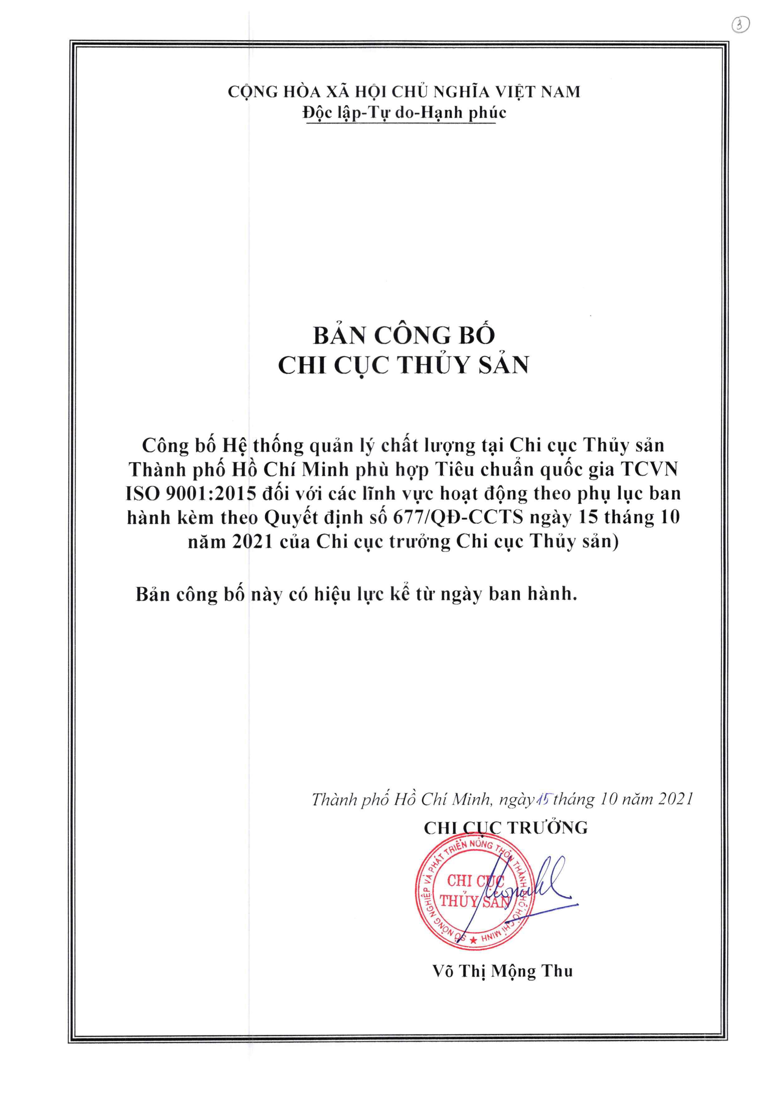 Quyết định công bố Hệ thống quản lý chất lượng theo TCVN ISO 9001:2015 năm 2021