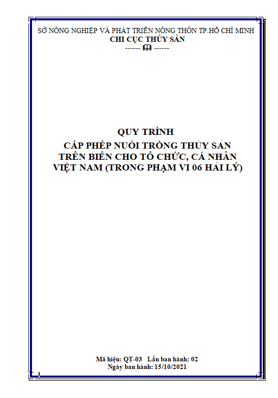 QT 03 - Cấp phép nuôi trồng thủy sản trên biển cho tổ chức, cá nhân Việt Nam (trong phạm vi 06  hải lý)