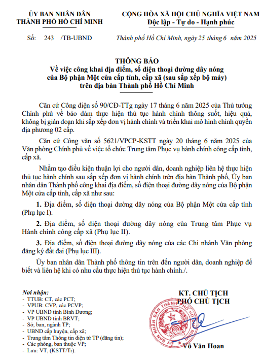 Về việc công khai địa điểm, số điện thoại đường dây nóng của Bộ phận Một cửa cấp tỉnh, cấp xã (sau sắp xếp bộ máy) trên địa bàn Thành phố Hồ Chí Minh