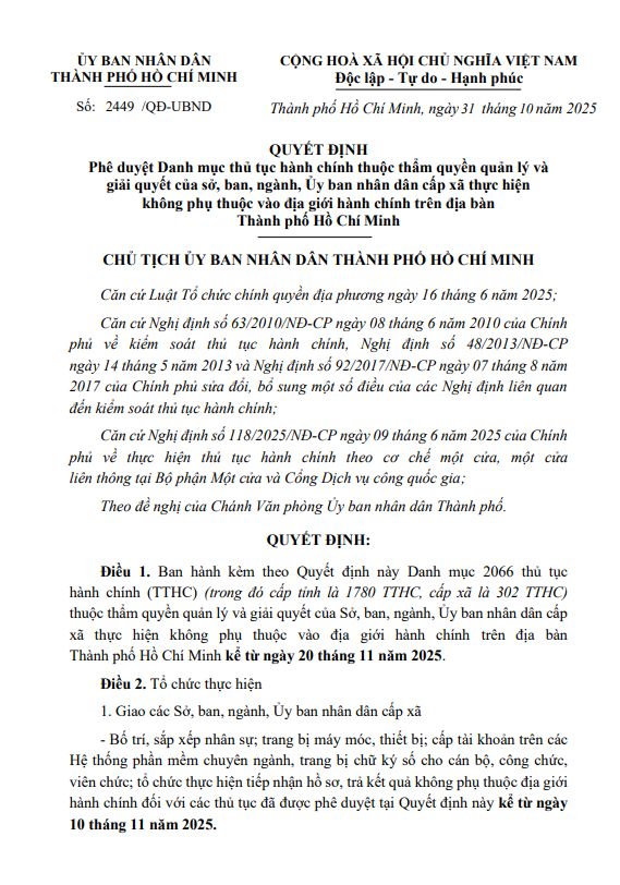 QUYẾT ĐỊNH Phê duyệt Danh mục thủ tục hành chính thuộc thẩm quyền quản lý và giải quyết của sở, ban, ngành, Ủy ban nhân dân cấp xã thực hiện không phụ thuộc vào địa giới hành chính trên địa bàn Thành phố Hồ Chí Minh