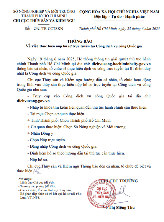 Thông báo Về việc thực hiện hồ sơ trực tuyến tại Cổng Dịch vụ công quốc gia