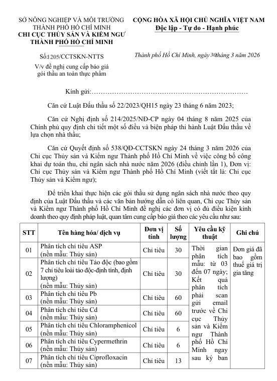 Thông báo về việc đề nghị cung cấp báo giá gói thầu an toàn thực phẩm