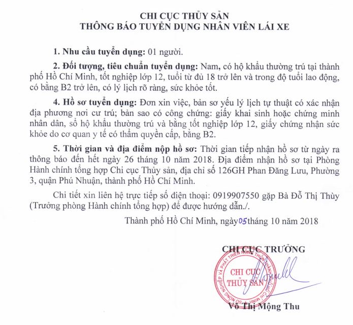 THÔNG BÁO TUYỂN DỤNG