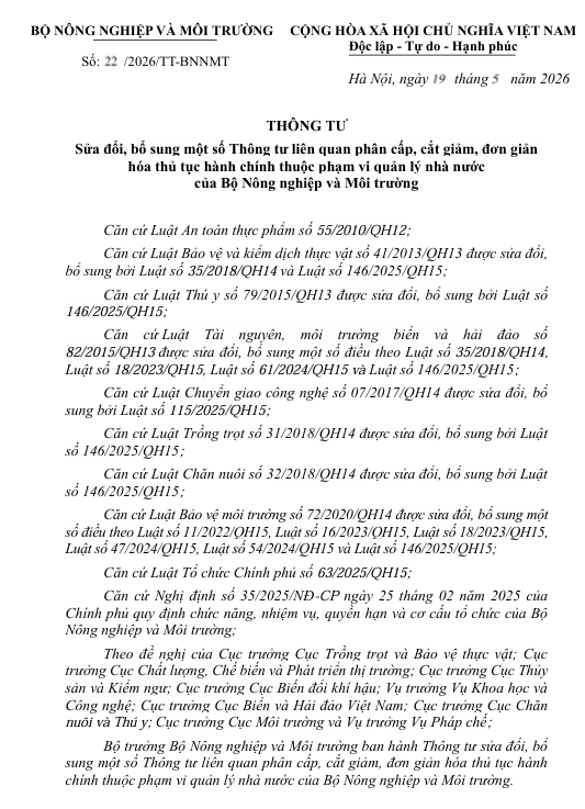 THÔNG TƯ Sửa đổi, bổ sung một số Thông tư liên quan phân cấp, cắt giảm, đơn giản hóa thủ tục hành chính thuộc phạm vi quản lý nhà nước của Bộ Nông nghiệp và Môi trường