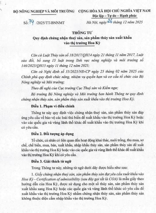 Thông tư Quy định chứng nhận thủy sản, sản phẩm thủy sản xuất khẩu vào thị trường Hoa Kỳ